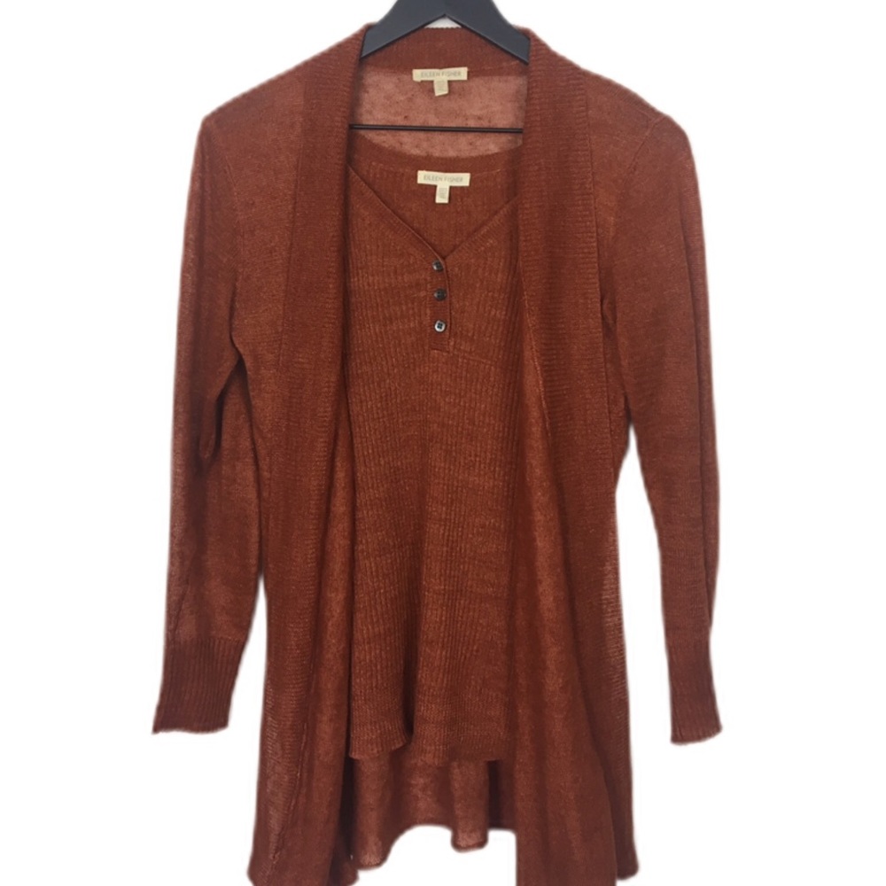 {Eileen Fisher} 2-Pc Linen Set Knit Tank Cardigan